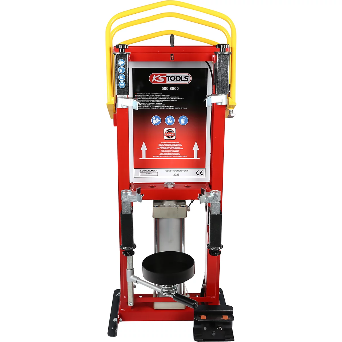 Rote KFZ-Werkstattpresse mit gelbem Bügel. Das Logo von KS TOOLS und die Modellbezeichnung 500.8803 sind erkennbar.